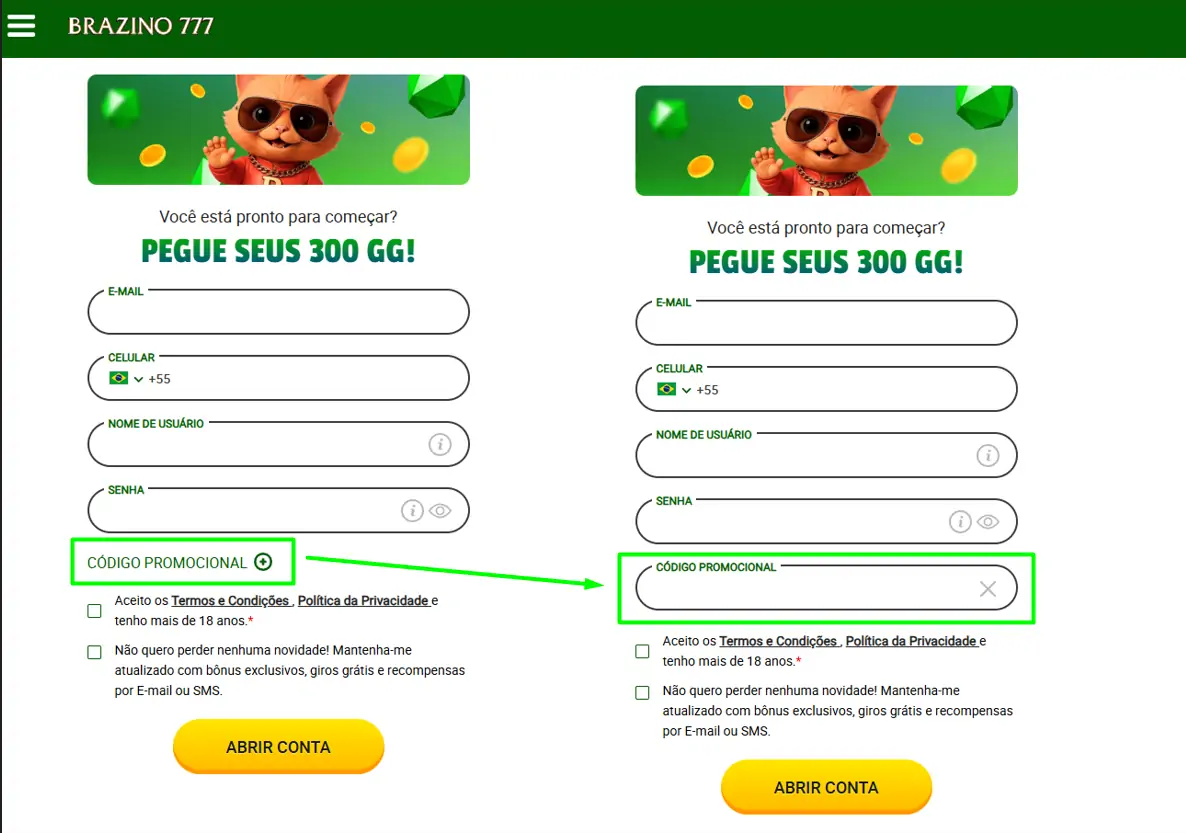 Plataforma bonus no cadastro sem deposito Código bônus sem depósito Brazino777