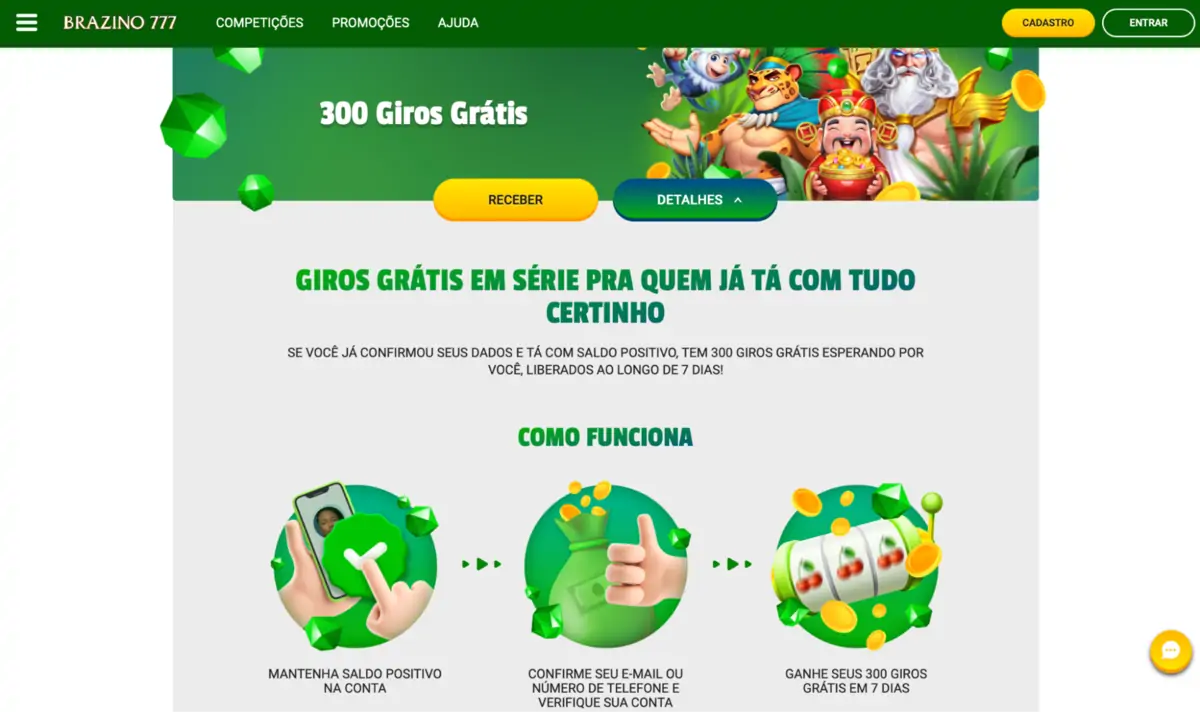 Brazino777: promoção "300 Giros Grátis"