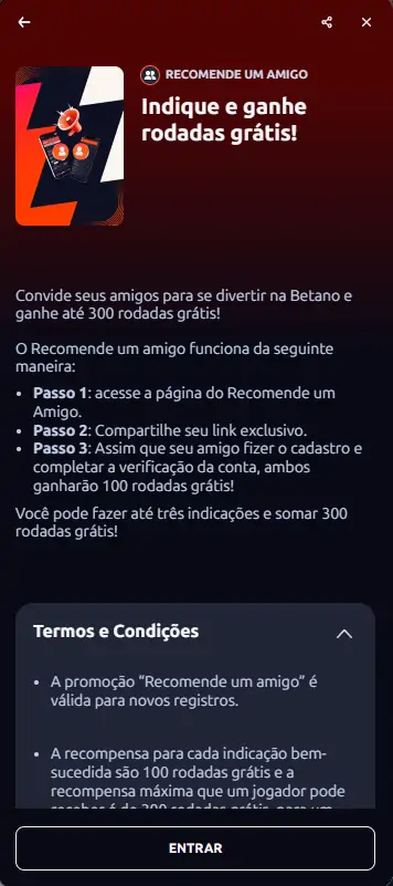Betano – promoção "Recomende um Amigo", até 300 rodadas grátis