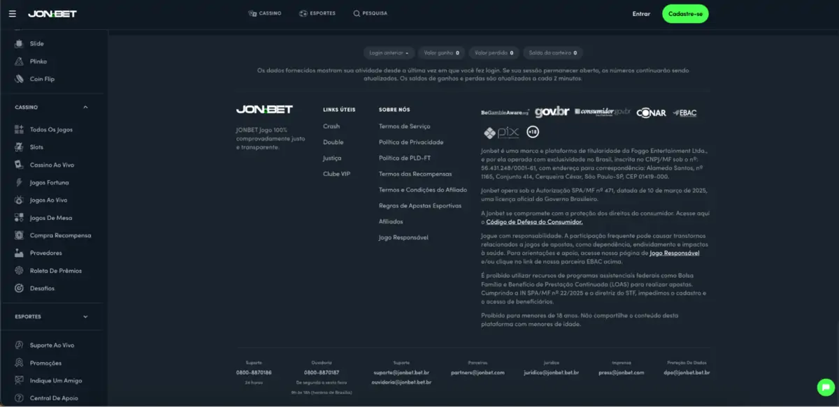 Jonbet rodapé com licença