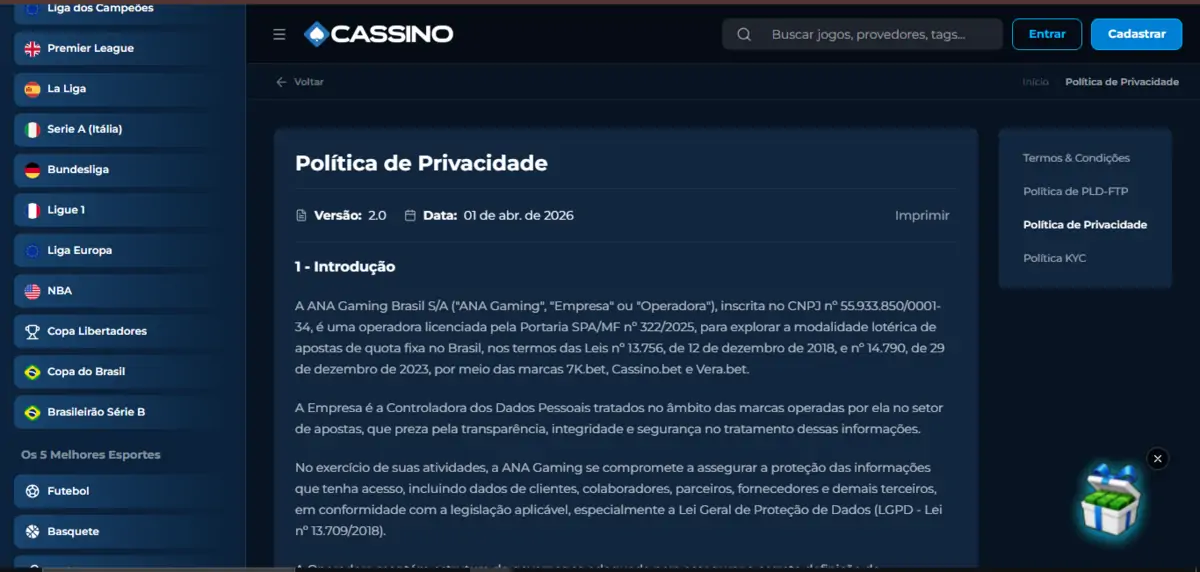 Cassino Bet política de privacidade