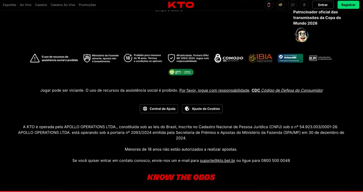 KTO - Dados da licença e da empresa operadora KTO - Rodapé do site