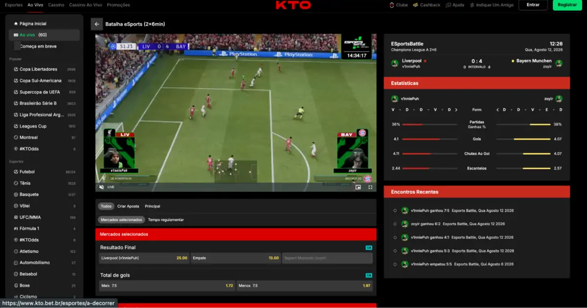 KTO - Transmissão ao vivo com estatísticas de partida KTO - Aposta ao vivo em eSports Battle