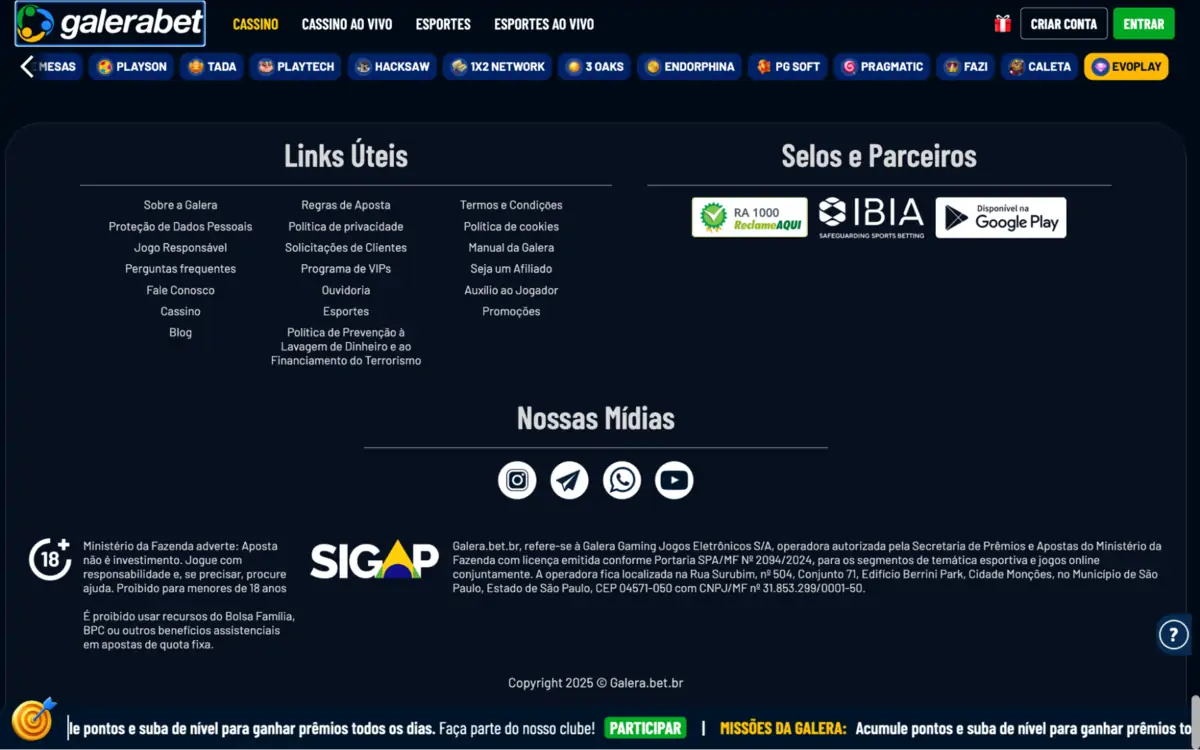 Galera Bet - Links Úteis, Selos e Parceiros Galera Bet - Rodapé do Site