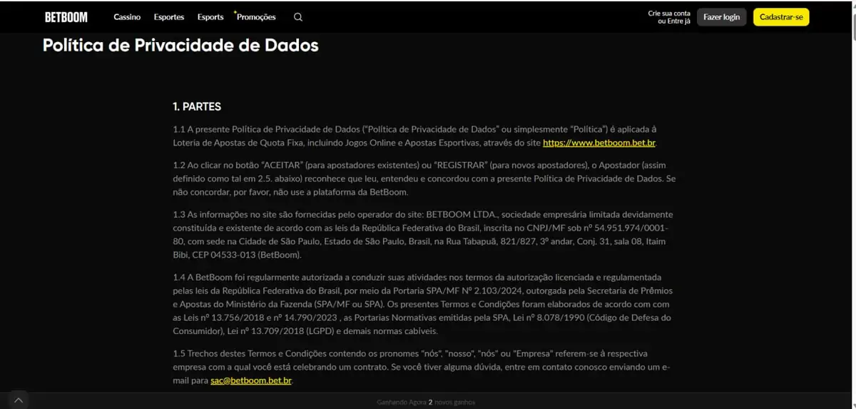 BetBoom Política de Privacidade