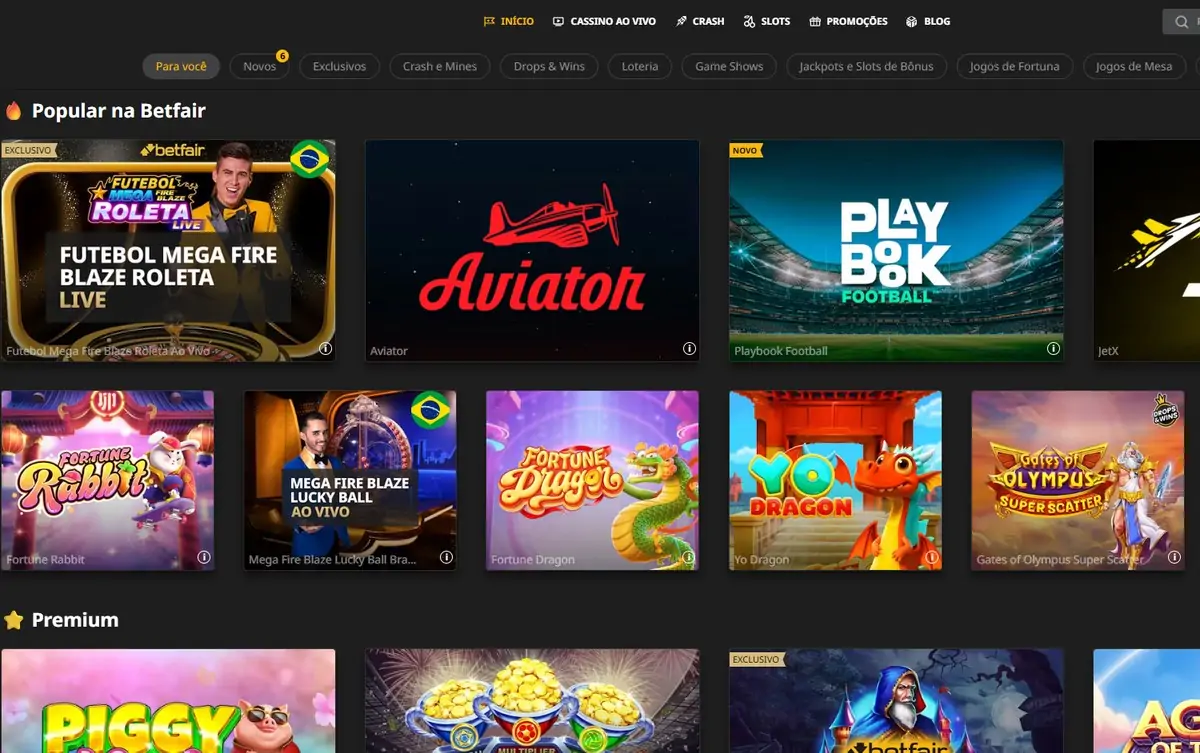 Betfair, lobby do cassino