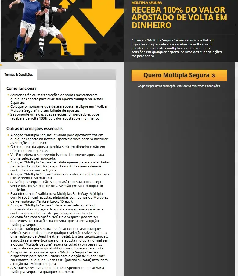 Betfair, termos da Múltipla Segura