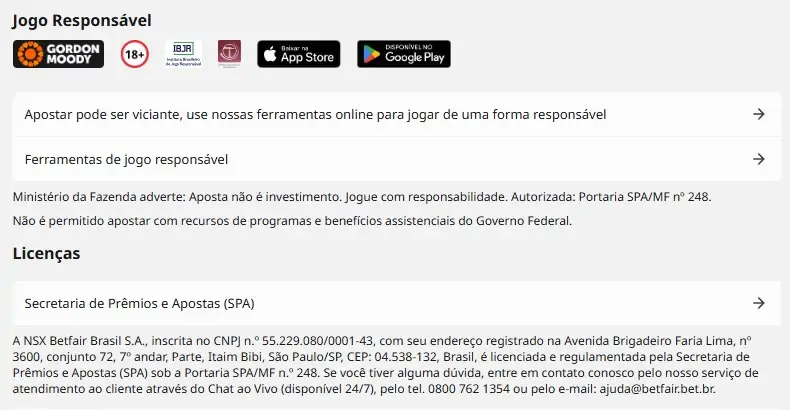 Betfair, rodapé do site com a Portaria SPA/MF nº 248 e o CNPJ