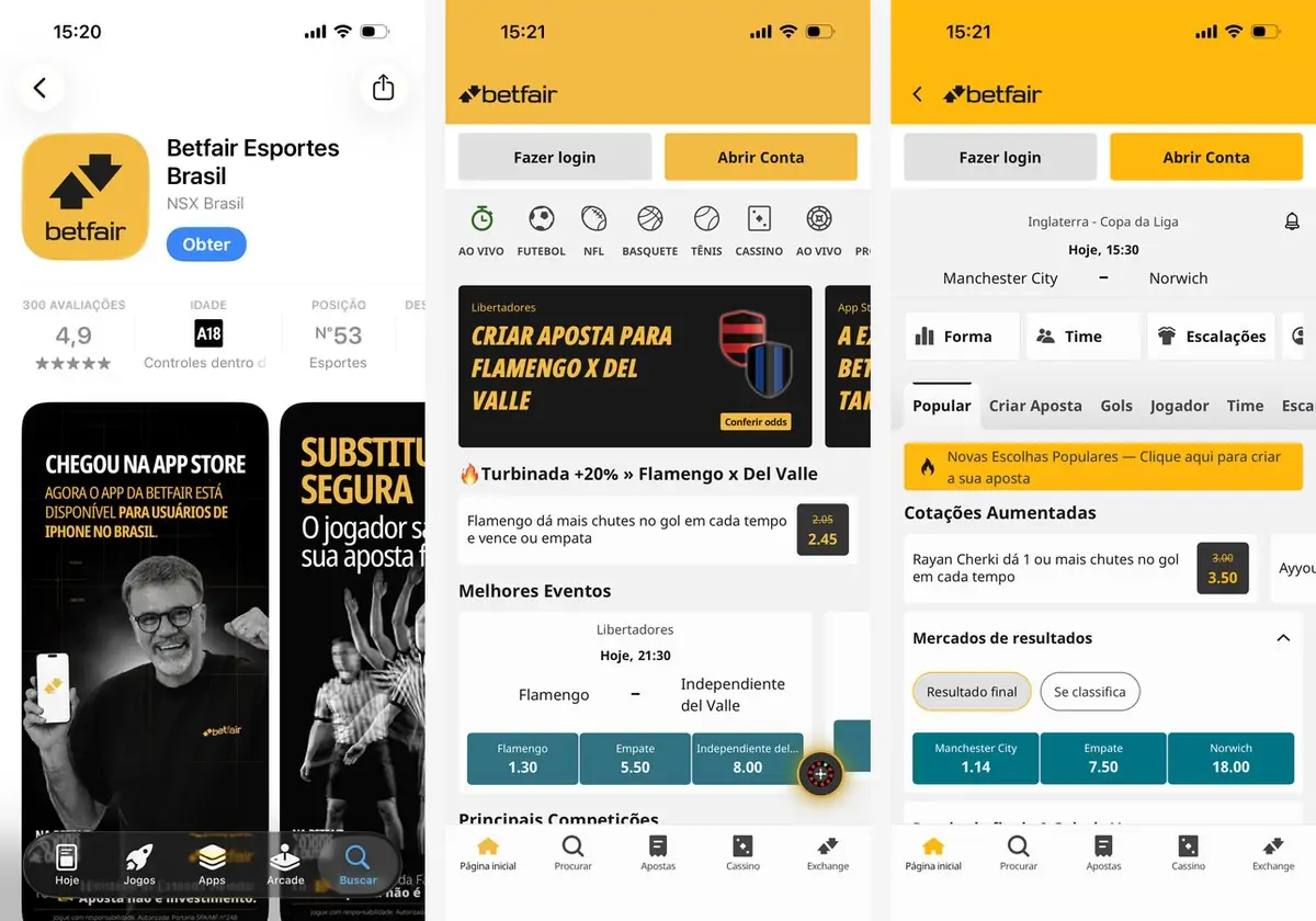 Betfair Esportes Brasil, página na App Store e telas do aplicativo