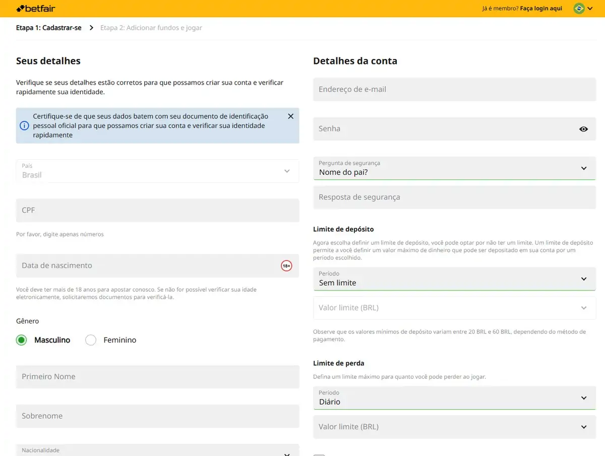 Betfair, formulário de cadastro com limite de depósito e de perda