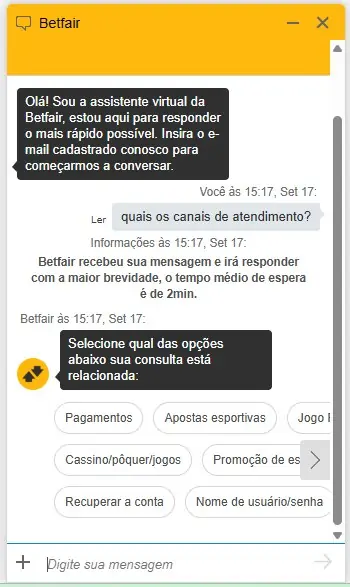 Betfair, chat de atendimento