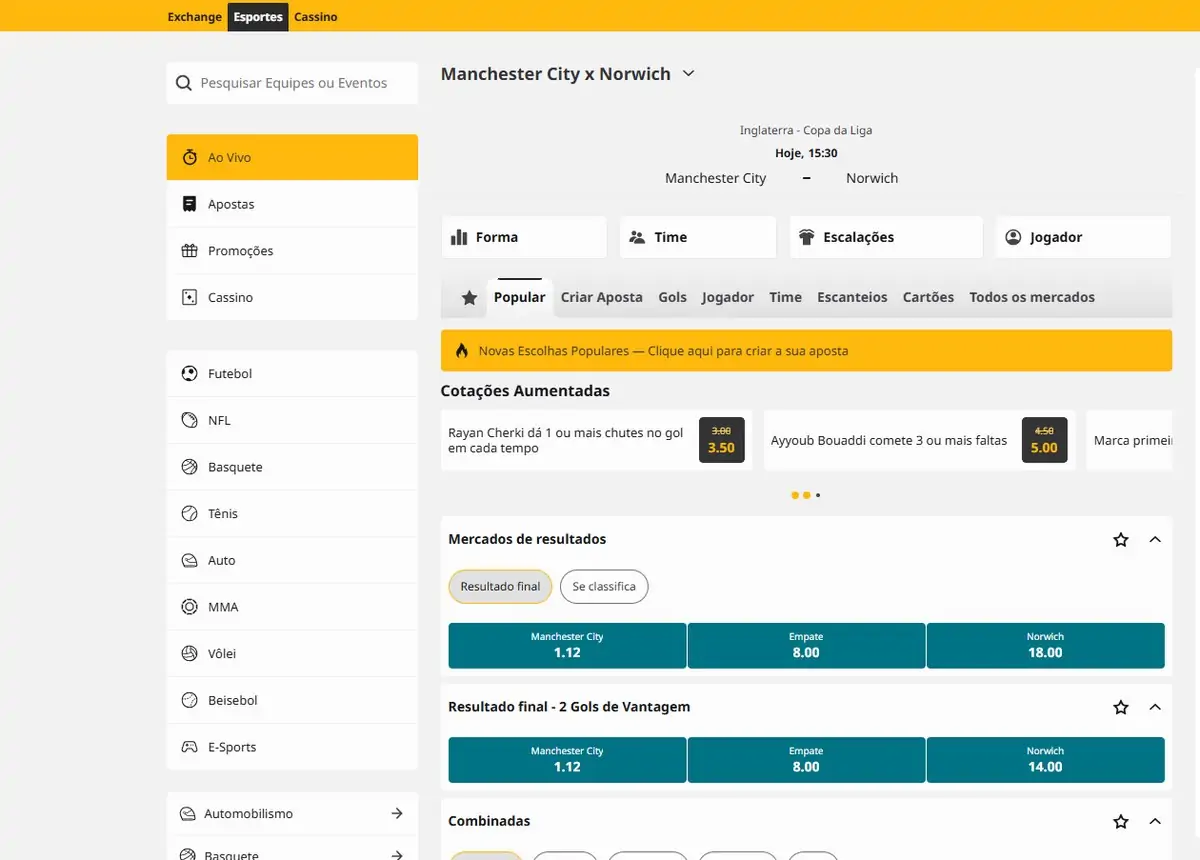 Betfair, lista de esportes e mercados do Manchester City x Norwich