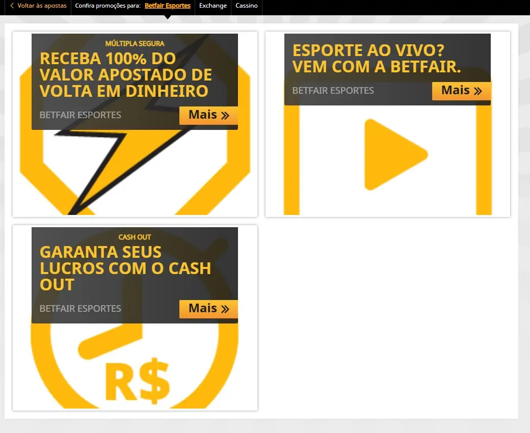 Betfair, página de promoções da Betfair Esportes