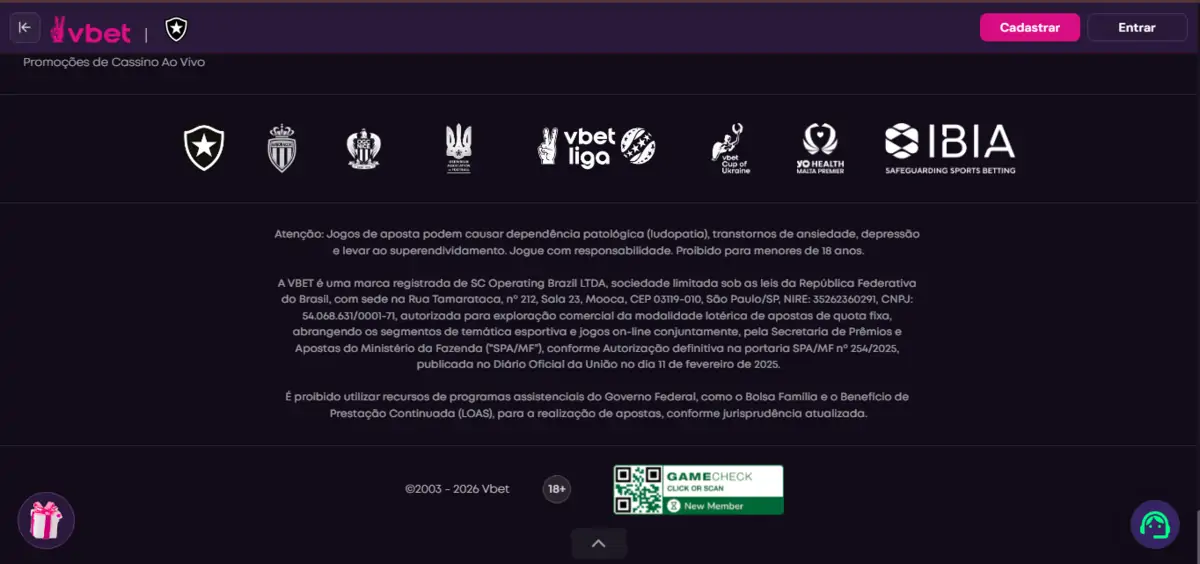 VBet: rodapé com licença