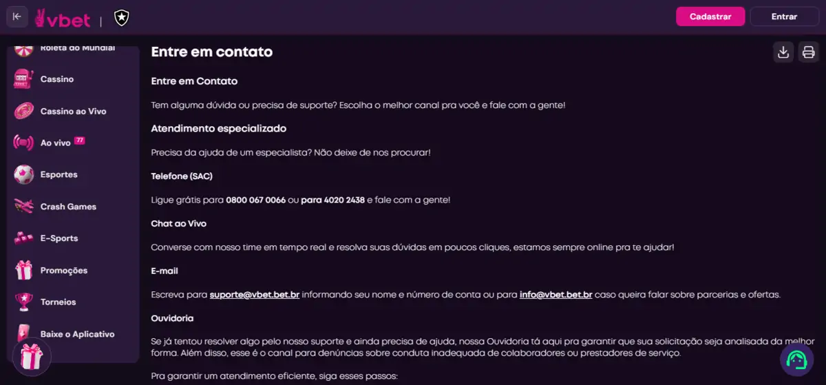 VBet: suporte