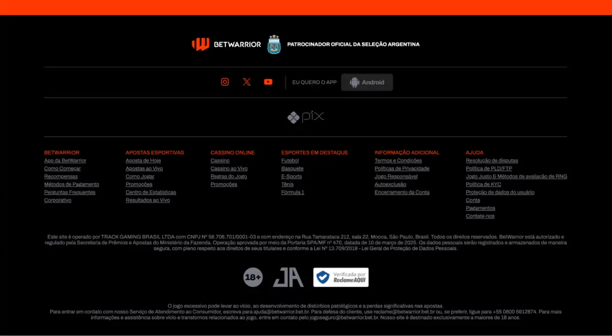 BetWarrior - dados do operador e licença SPA/MF BetWarrior - rodapé do site