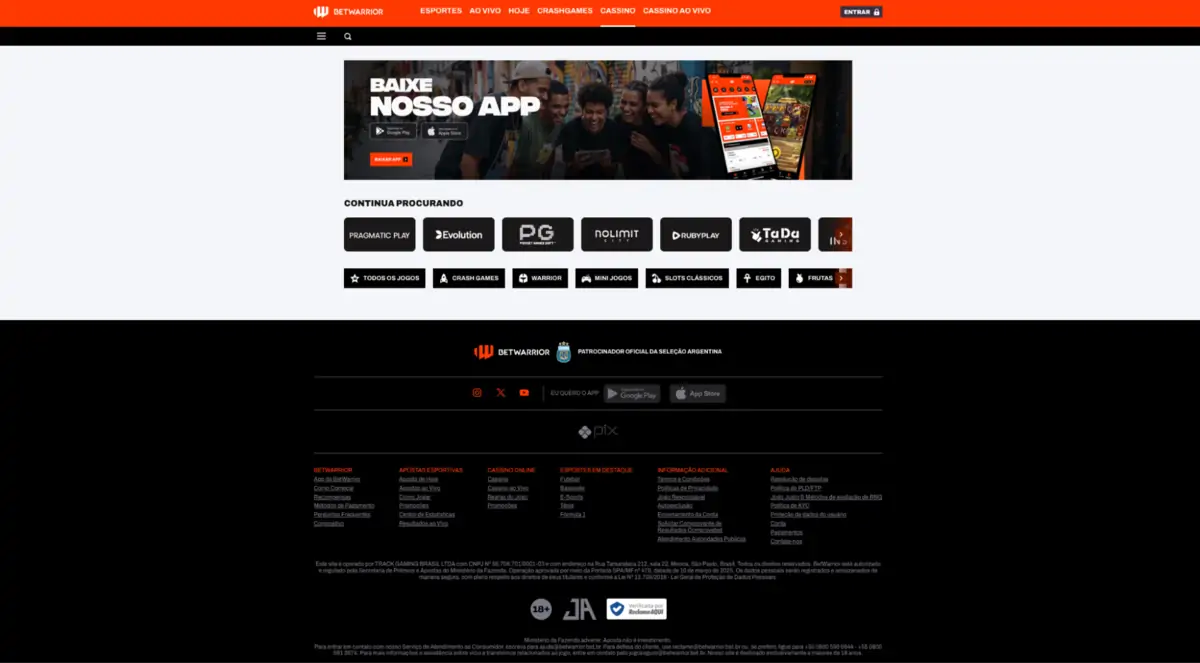 BetWarrior - banner de download do app BetWarrior - página do cassino