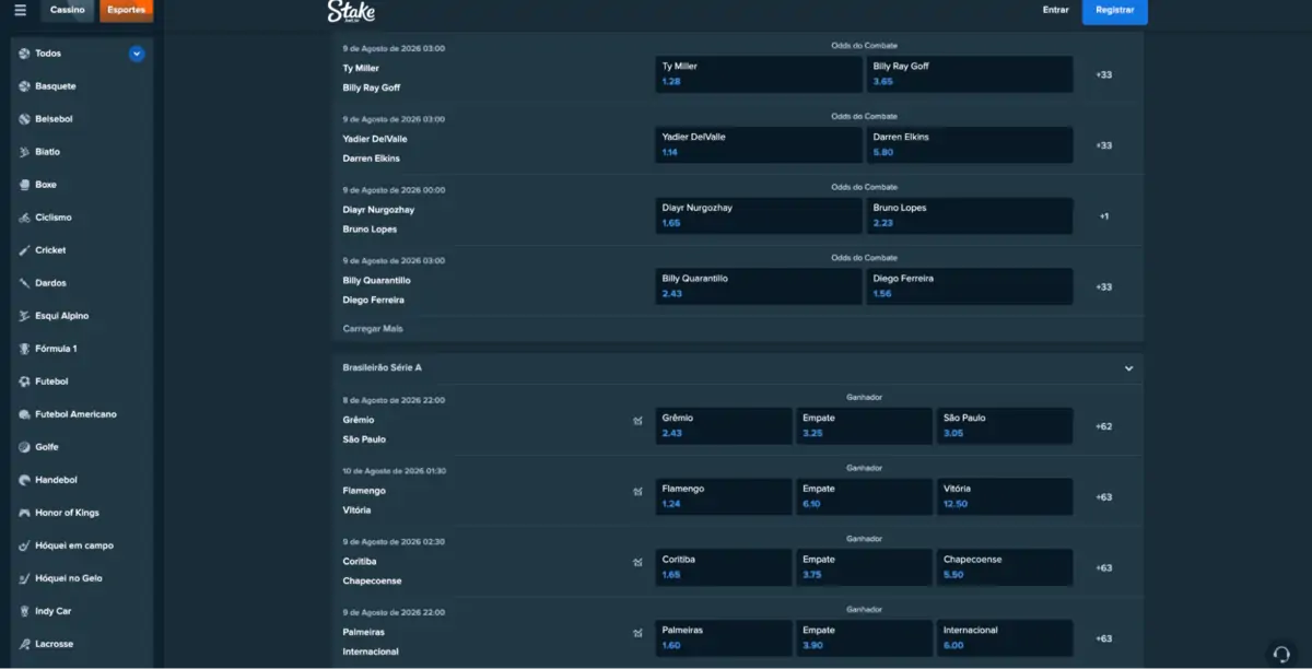 Stake Cassino - odds de UFC e Brasileirão