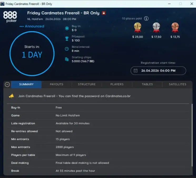 Cardmates 888 poker freeroll password
