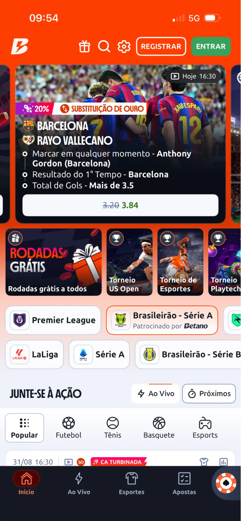 Betano - app com tela inicial e mercados esportivos Betano - app, tela inicial