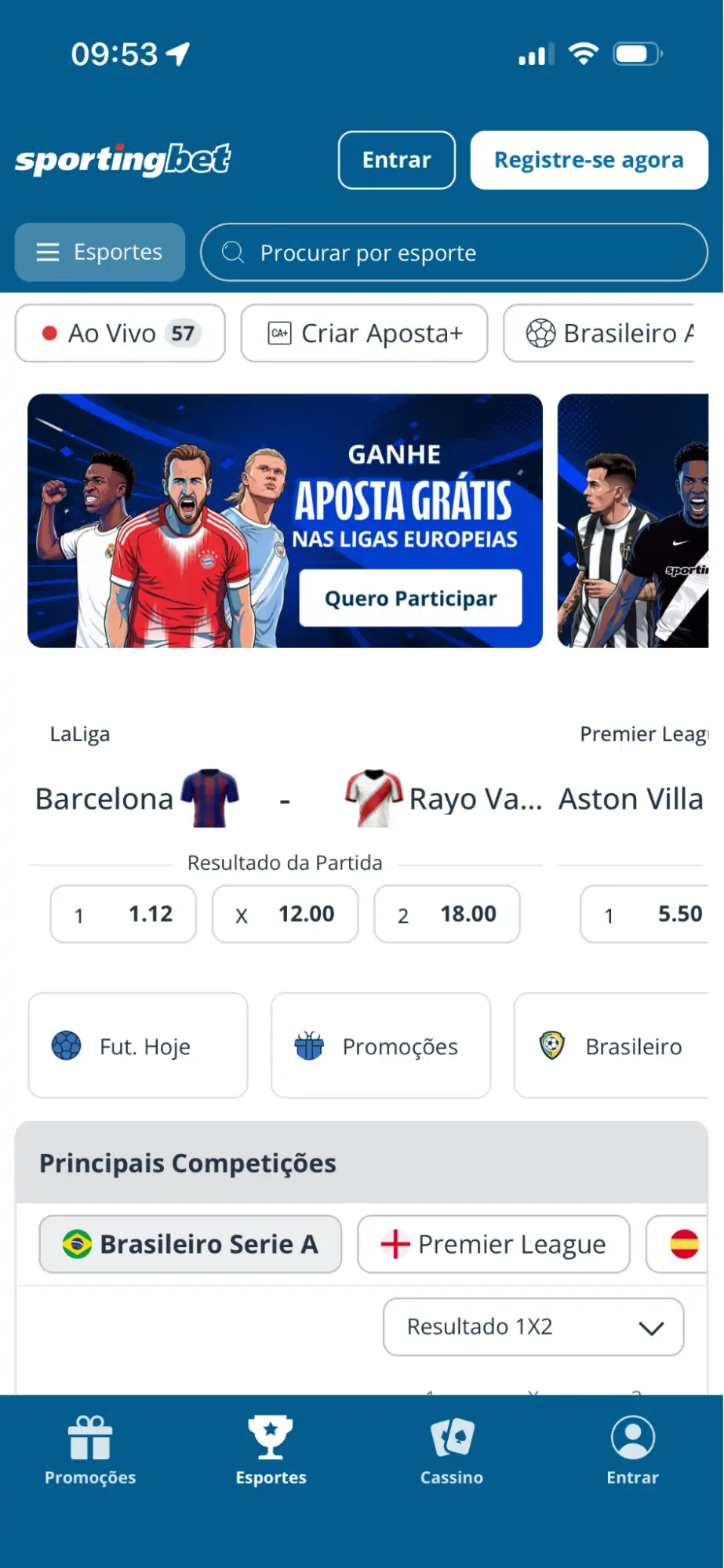 Sportingbet - app com tela de Esportes e odds de futebol ao vivo Sportingbet - app, tela de Esportes