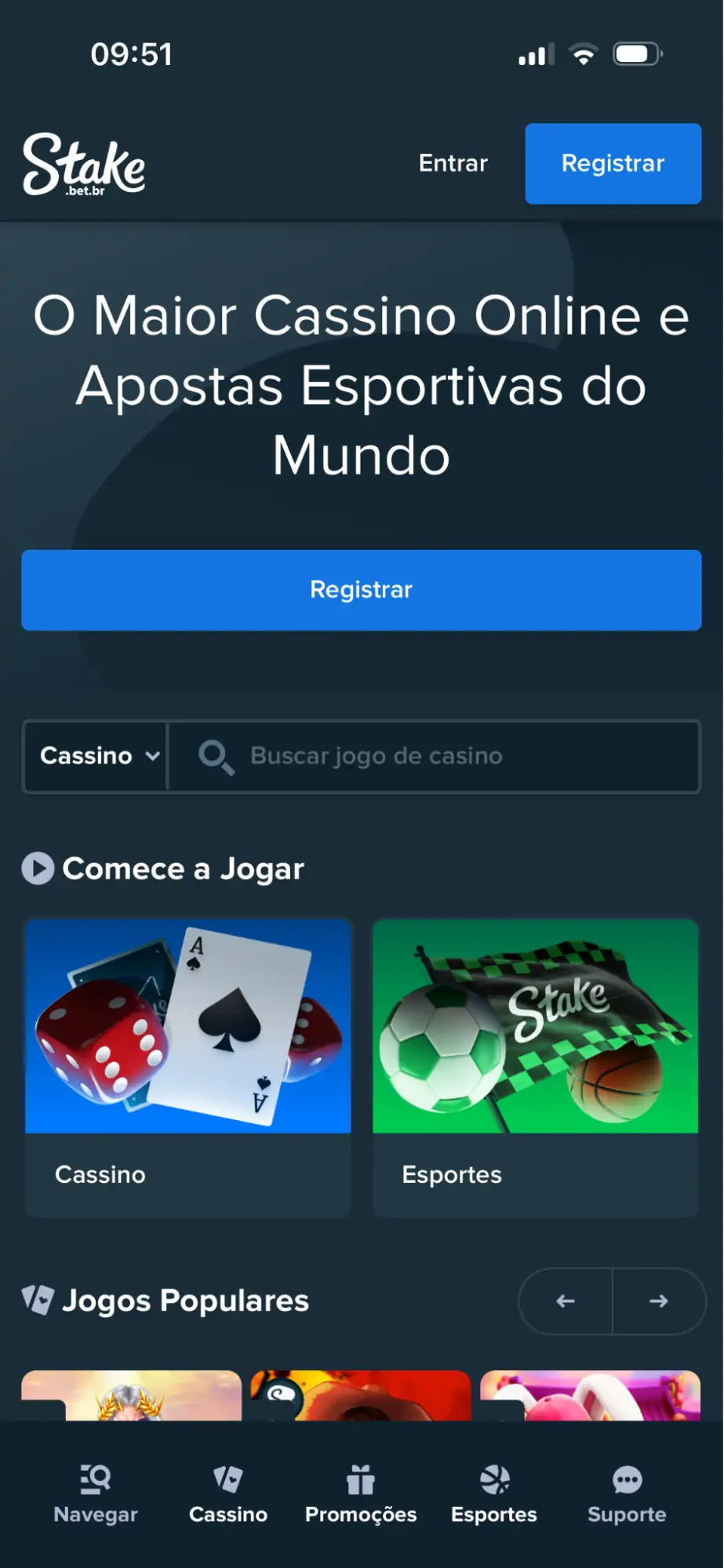 Stake - tela inicial do app com Cassino e Esportes Stake - tela inicial do app
