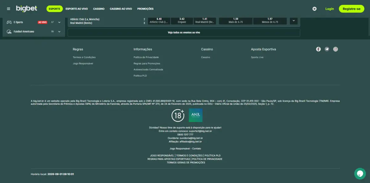 BigBet - site, rodapé com licença e suporte