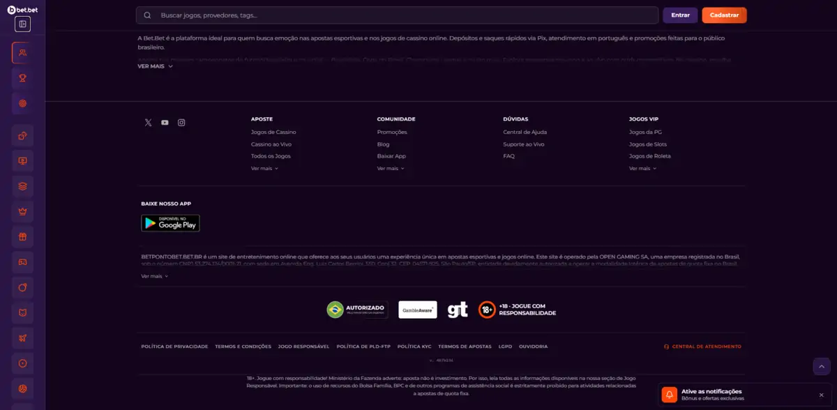Bet.Bet - site, rodapé com licença e suporte