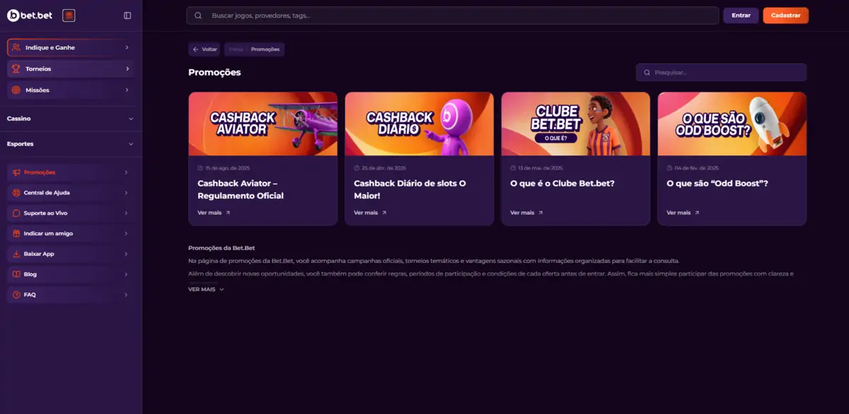 Bet.Bet - site, página de promoções