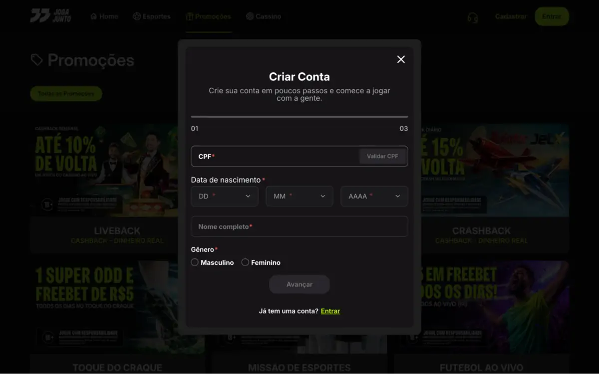 JogaJunto - site, formulário de cadastro