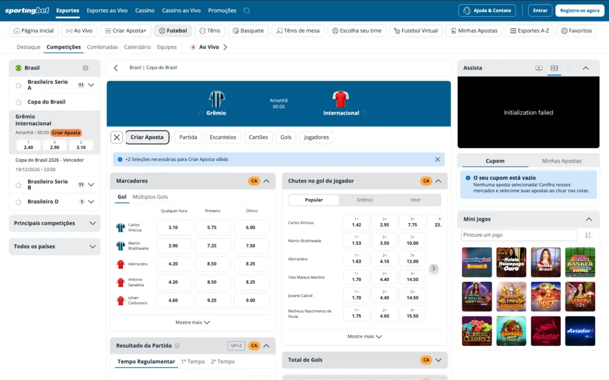 Sportingbet - página com mercados de futebol, incluindo Criar Aposta Sportingbet - cobertura de futebol