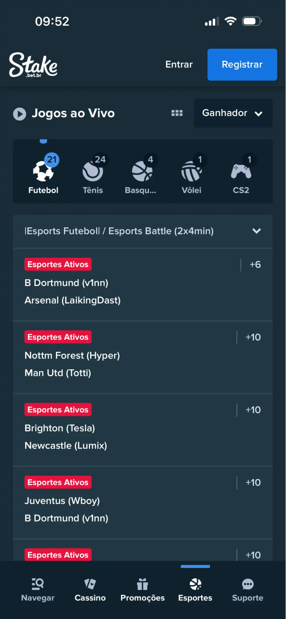 Stake - app com tela de Jogos ao Vivo, exibindo esportes disponíveis Stake- app, tela de Jogos ao Vivo