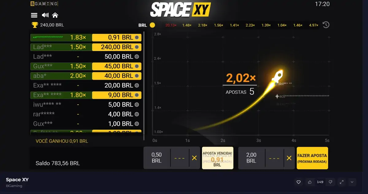 Tela principal do Space XY, crash de foguete da BGaming