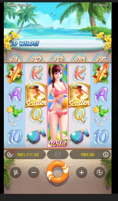 Bikini Paradise demo, Wild de rolo inteiro com multiplicador de x1 a x5