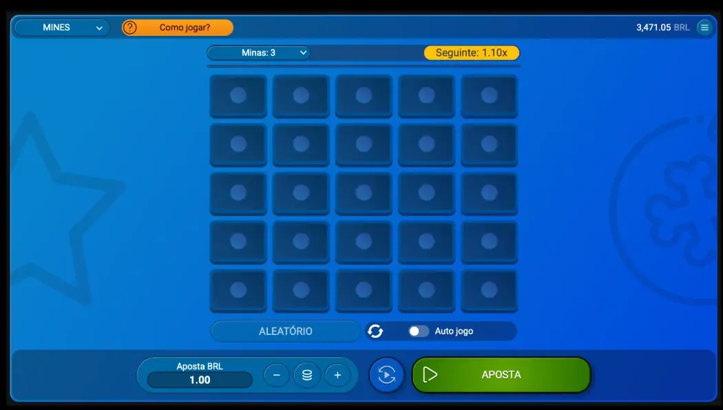 Mines demo, a grade de 25 mosaicos com minas ajustáveis no menu
