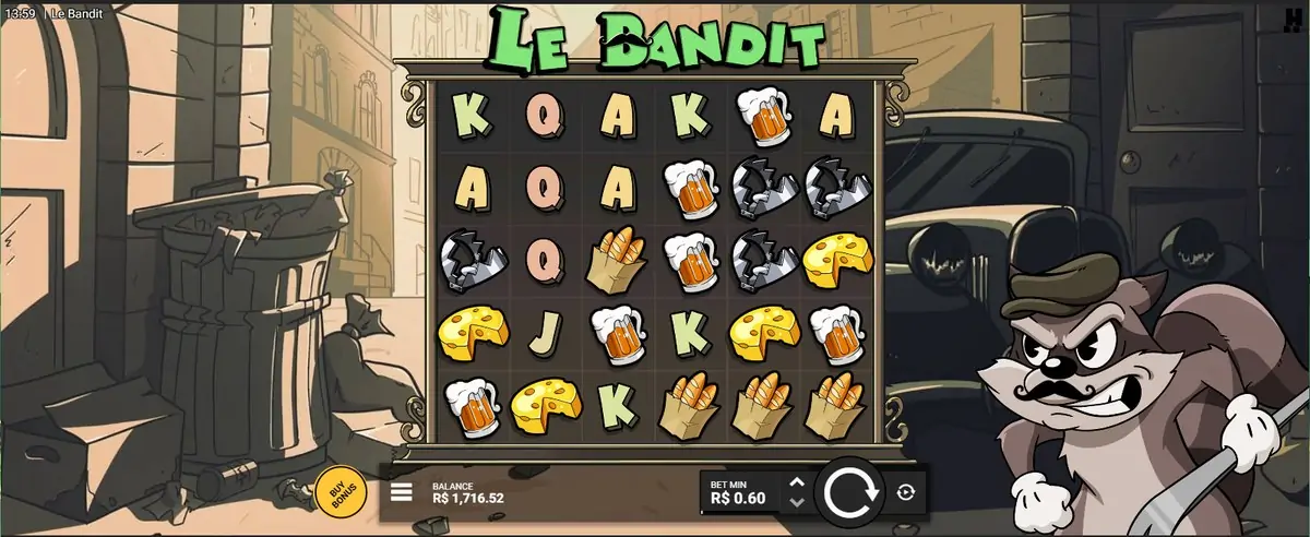 Le Bandit demo, grupos de cinco numa grade de 6 colunas por 5 linhas