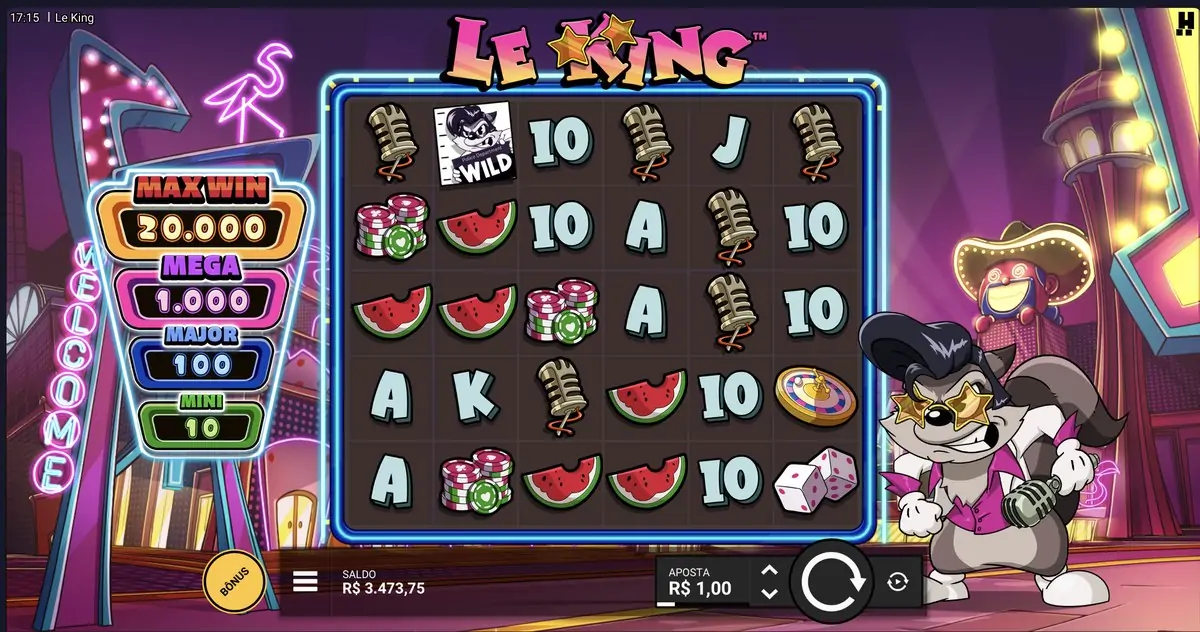 Le King demo, grupos de 5 numa grade de 6 rolos e quatro jackpots