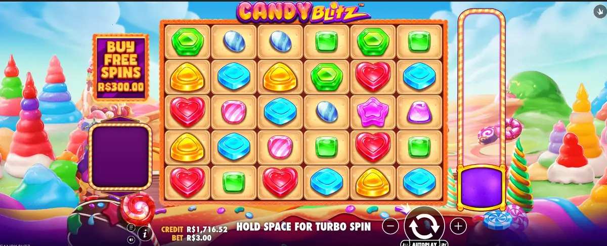 Candy Blitz demo, grade 6x5 em cascata e coluna de cinco multiplicadores Candy Blitz demo, grade 6x5 em cascata e coluna de cinco multiplicadores