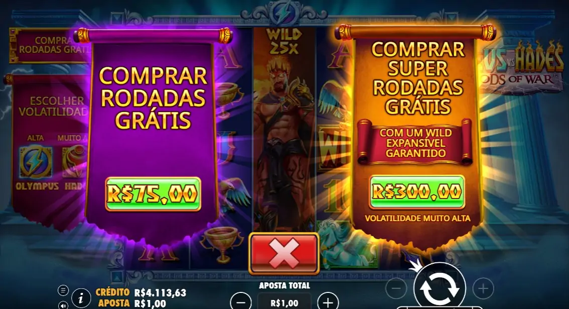 Zeus vs Hades, menu de compra de rodadas grátis