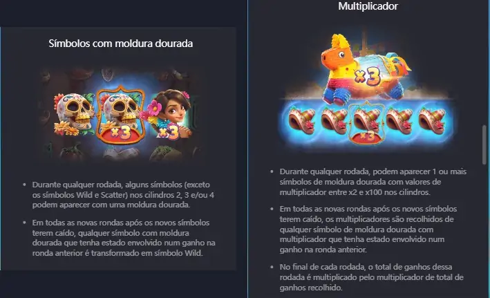 Pinata Wins, símbolos com moldura dourada e multiplicador