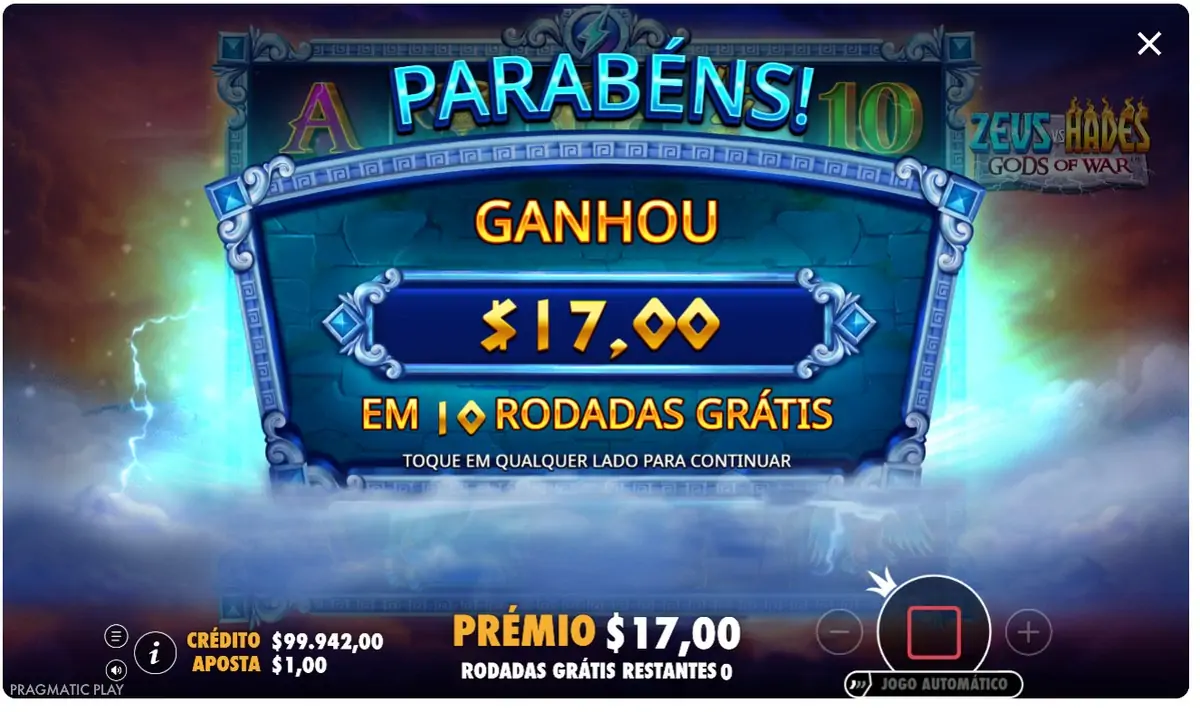 Zeus vs Hades, resultado das rodadas grátis